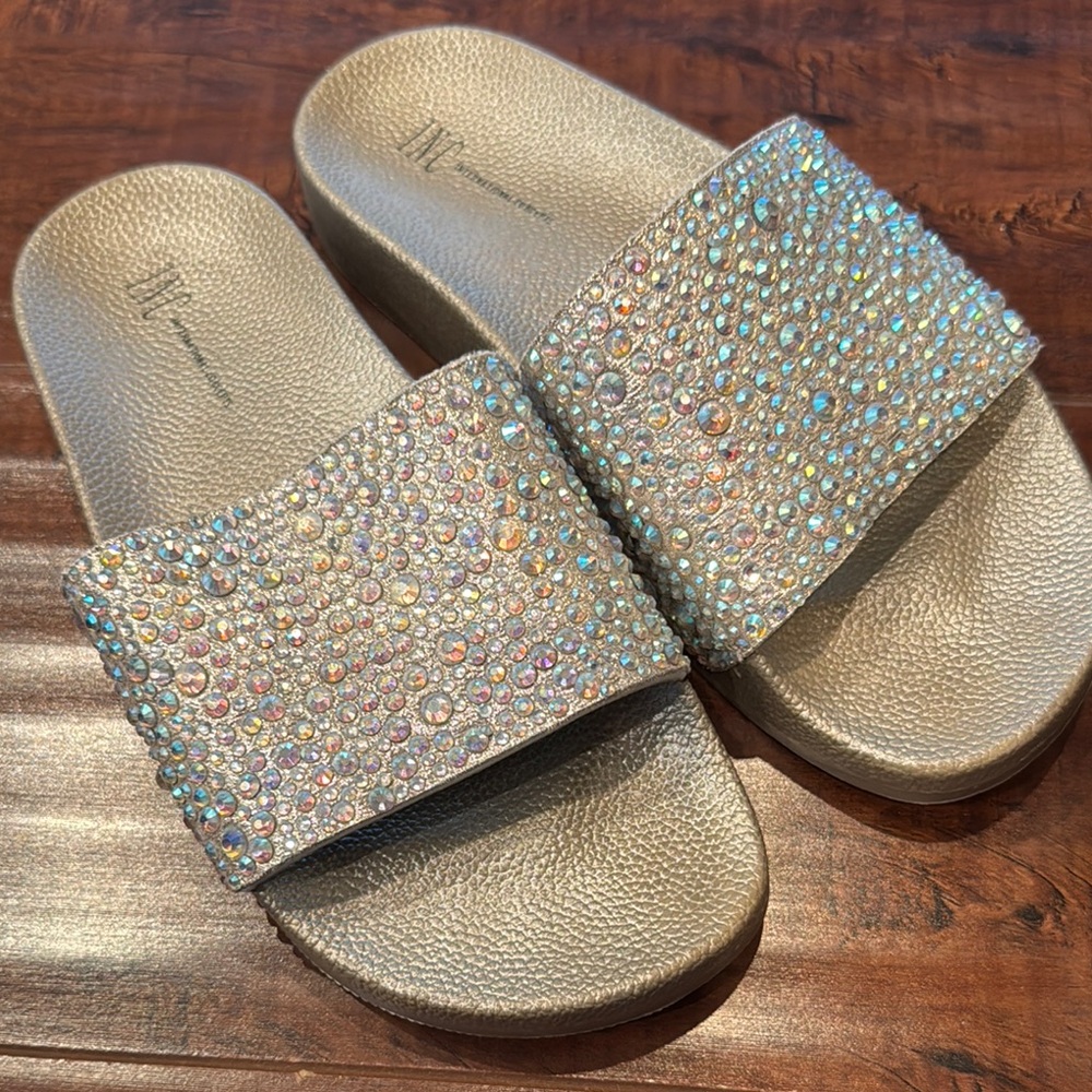 INC Women's Glittering Slides Gold Iridescent Sandals, Size 6, EUC!